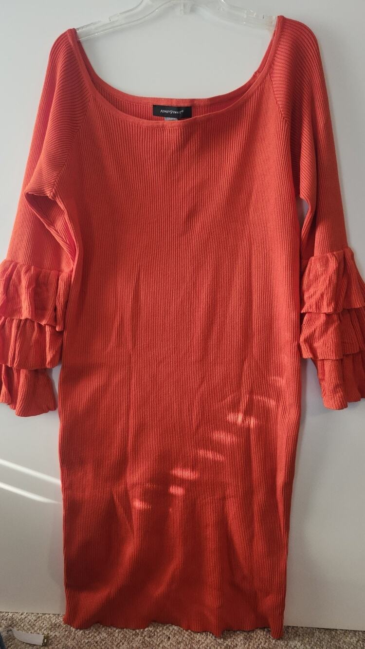 Ashley Stewart Orange Ribbed Sweater Dress Tiered Ruffle Size 22-24 2X #317